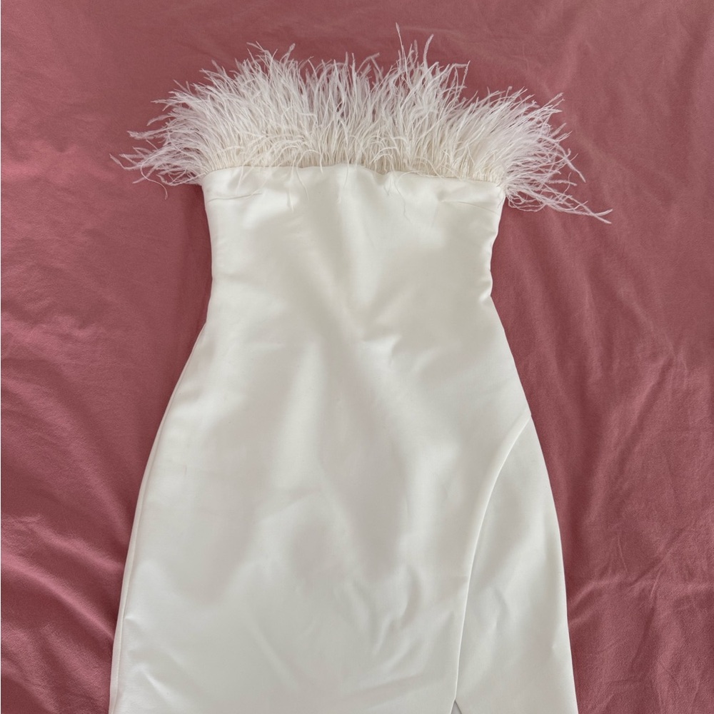 Likely Strapless Cream Dress with Feather Accent